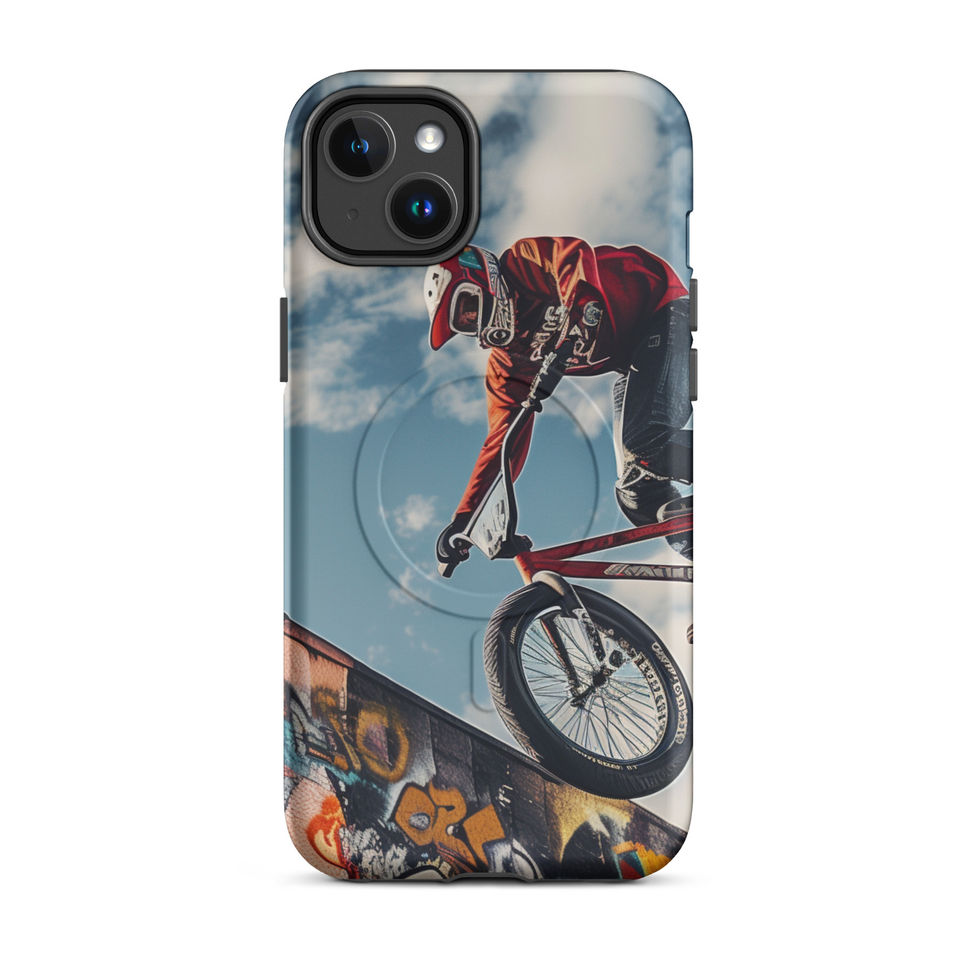 Graffiti Air MagSafe Tough case for iPhone 14 Plus, BMX rider above graffiti ramp, rear view on white