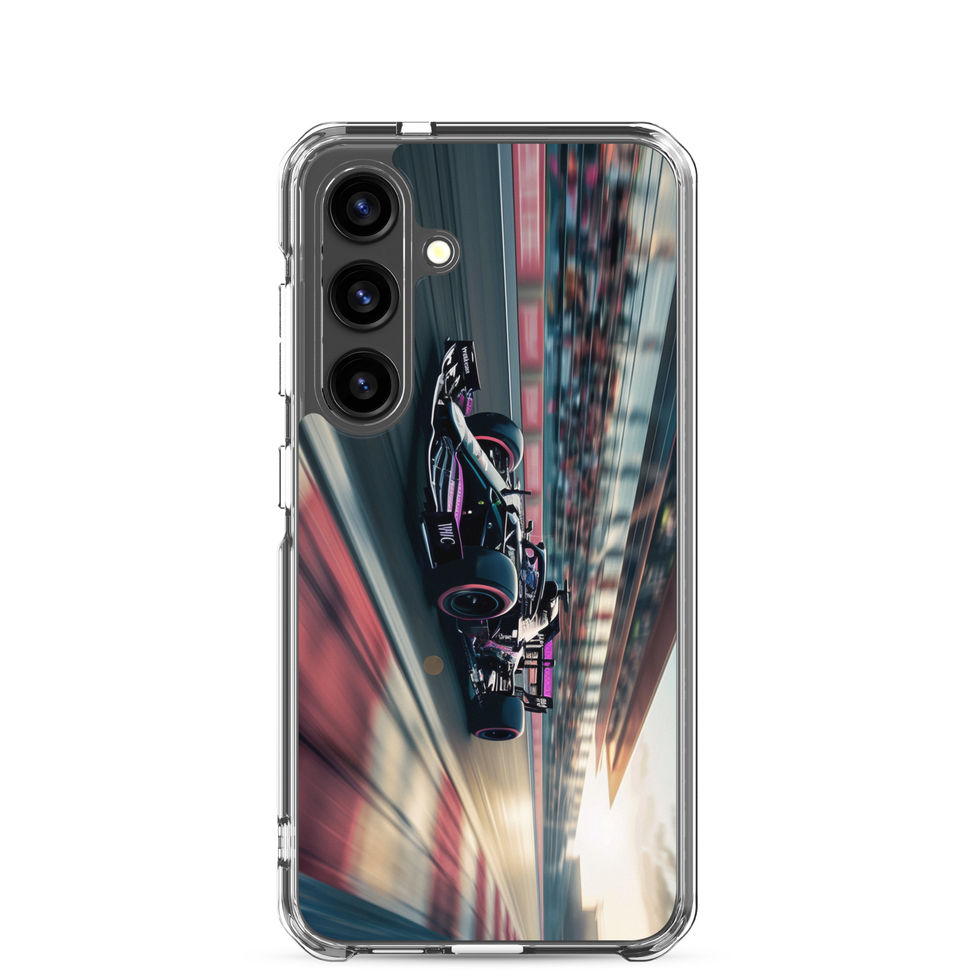 Black n Purple Power Clear case for Galaxy S24, black and purple race car artwork, phone and case on white