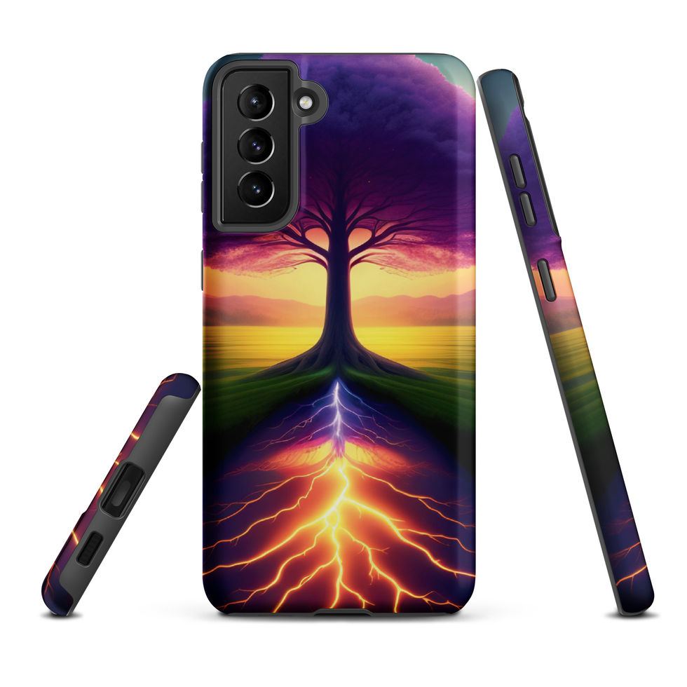 Ethereal Roots tough Samsung case with bright roots spreading toward the lower edge.