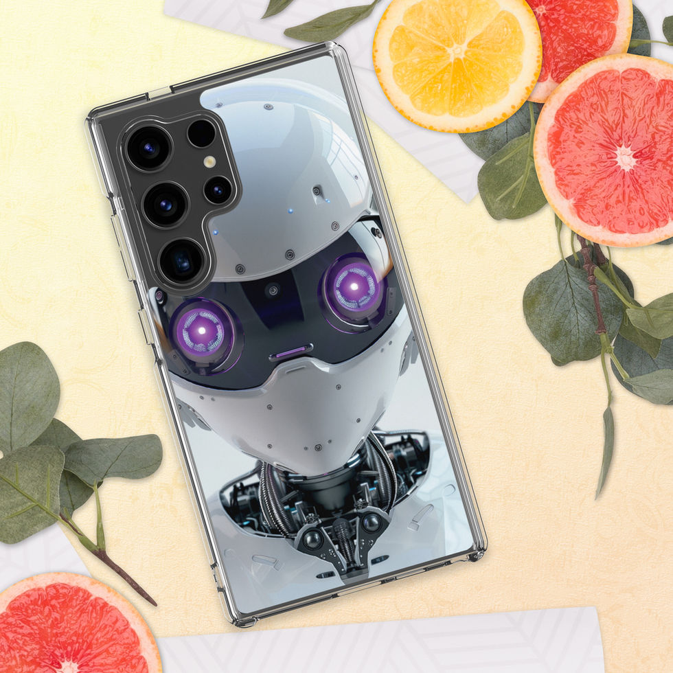 Purple-eyed AI robot clear Samsung phone protection case