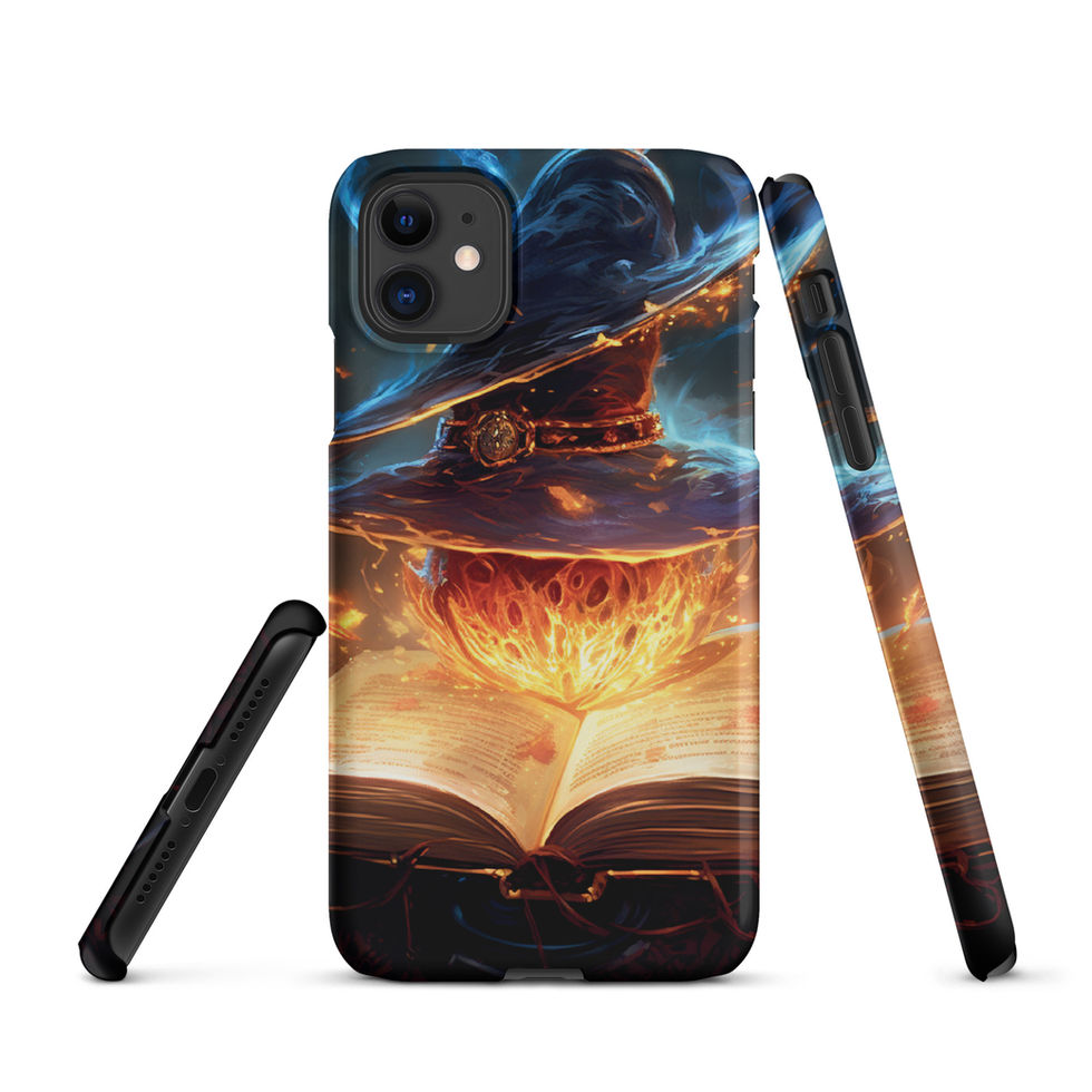 Arcane Ember snap iPhone case: golden light rising from a dark book, shown upright with its side profile.