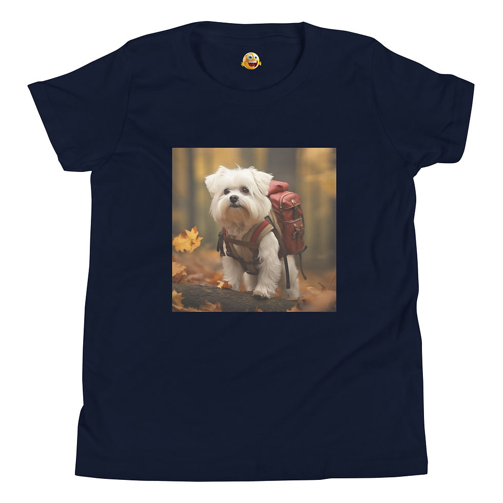 Adventurer Pup: navy blue youth short-sleeve T-shirt with a white puppy with a backpack in an autumn forest