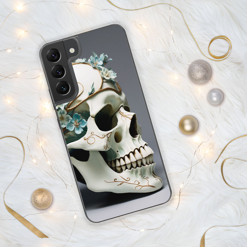 Bone-white skull on a Samsung phone case and teal flowers around the skull