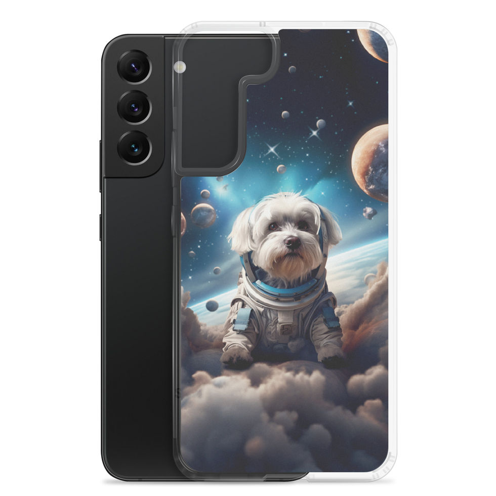 Cosmic dog-mockup-13 showing Celestial Voyager artwork on a Samsung clear phone case