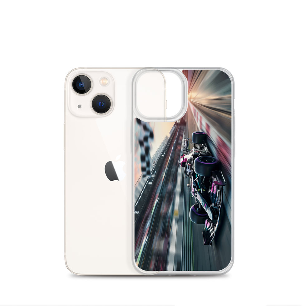 Midnight Velocity Clear case for iPhone 13 mini, race car and night lights, rear view on white