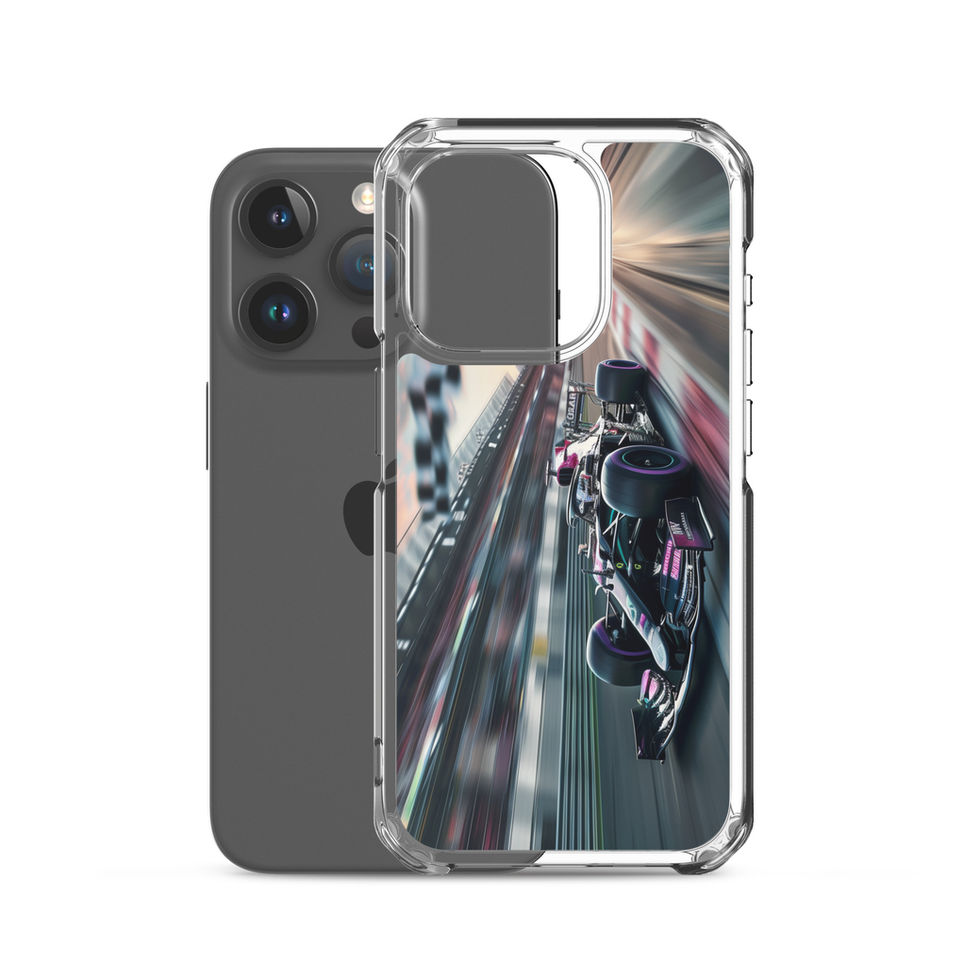 Midnight Velocity Clear case for iPhone 15 Pro, race car and night lights, rear view on white
