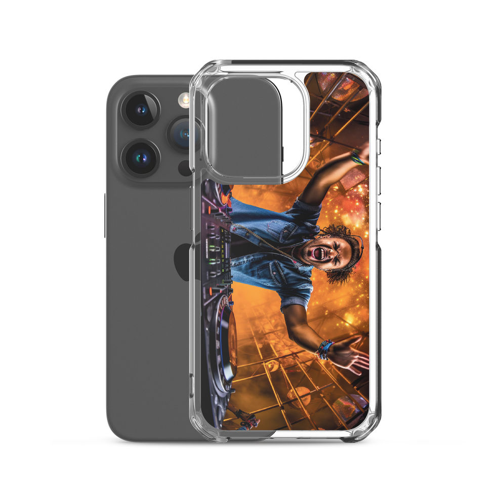 Cosmic DJ clear iPhone case with orange-and-blue DJ art, gallery image 37 of 50