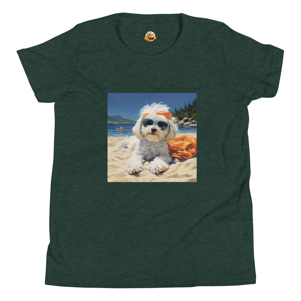 Sandy Sunshine: heather forest green youth short-sleeve T-shirt with a puppy wearing sunglasses on a beach