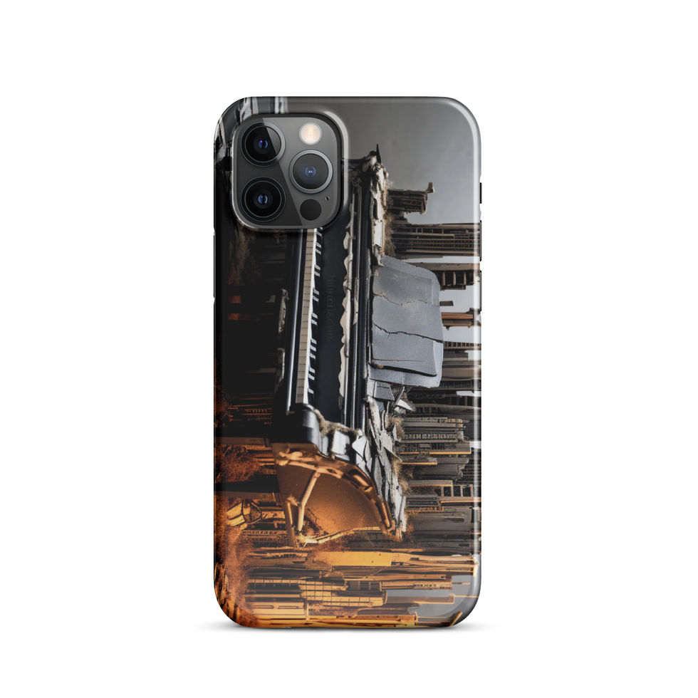 Urban Symphony slim iPhone Snap Case side view on a pale surface, showing the piano and city artwork, image 7.
