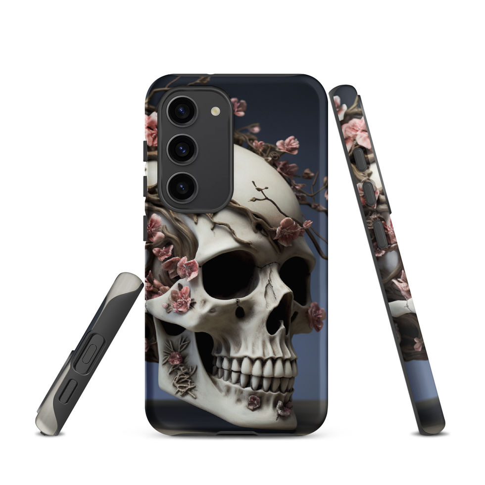 Pale skull illustration across a Samsung tough case against charcoal with soft rose-coloured blossoms