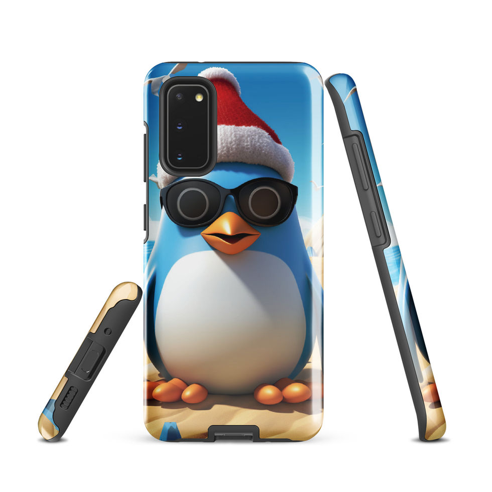 Beach penguin-mockup-02 showing Sandy Chill artwork on a Samsung tough phone case