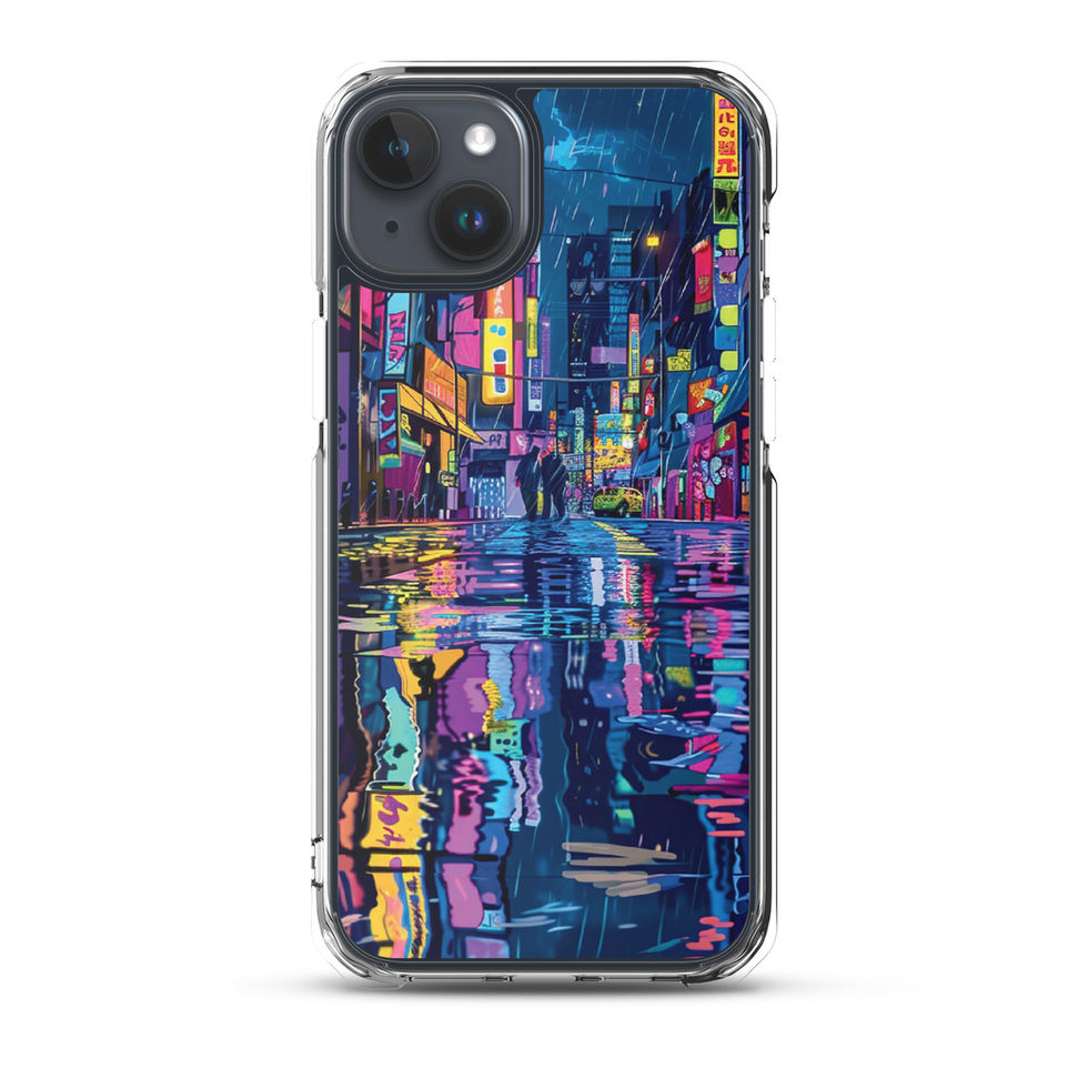 Clear iPhone case from Neon Rain, featuring vivid pink and blue signage along a dark city street.
