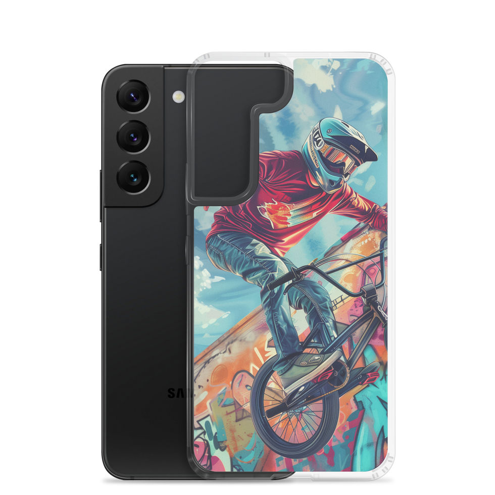 Graffiti Ride Clear case for Galaxy S22, red-top BMX rider and vivid graffiti, phone beside case on white