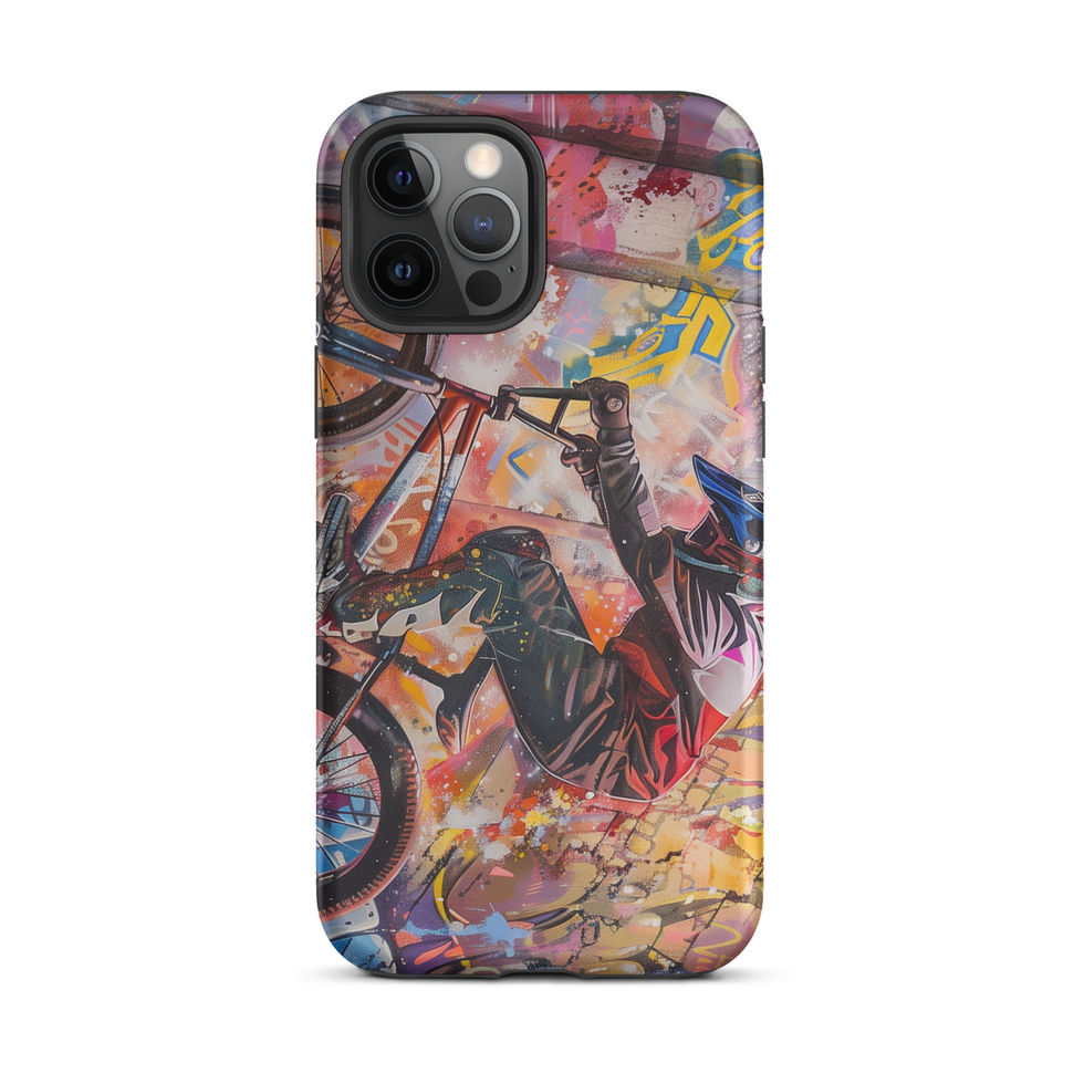 Graffiti Grind Tough case for iPhone 12 Pro Max, BMX rider amid pink and yellow graffiti, rear view on white