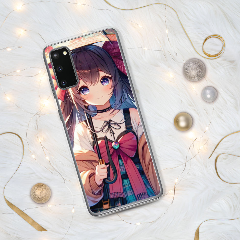 Rainy Day Elegance Samsung clear case showing an umbrella held beside the face, among lights and baubles.