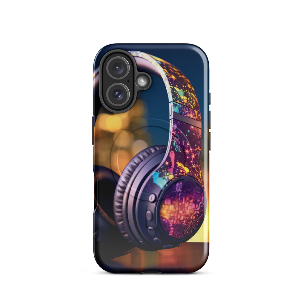 Electric Pulse MagSafe tough case for iPhone 16 Plus showing colourful headphones against warm lights