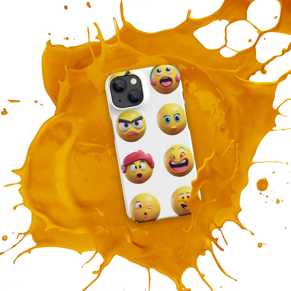 Emoji Frenzy snap iPhone case showing six bright expressions across its printed surface, over an orange paint splash.