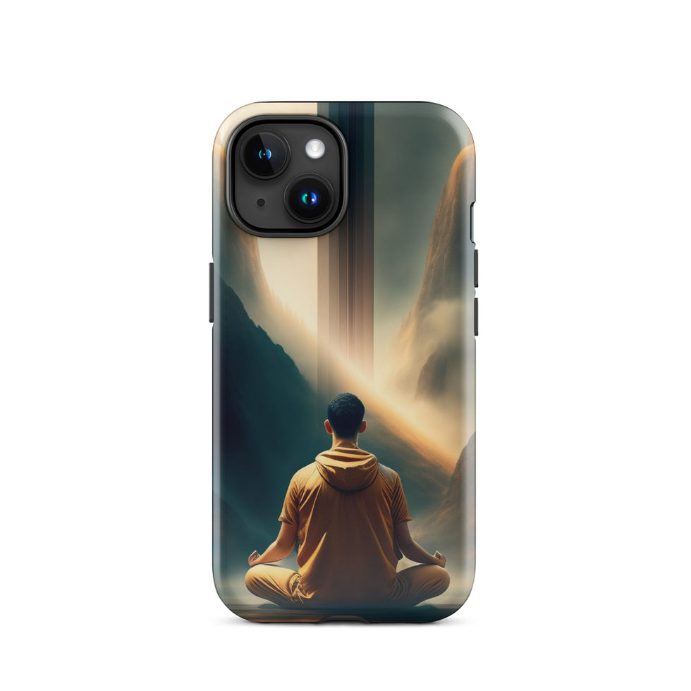 Zen Ascension iPhone tough case, rear view; glowing backdrop behind a quiet robed figure.
