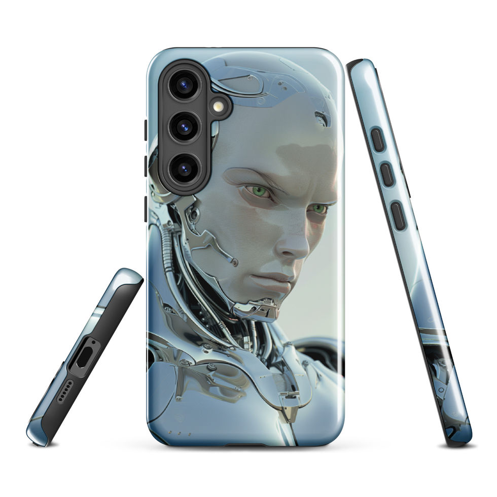 Chrome Sentinel tough Samsung case — sculpted silver jawline on a full protective case mockup