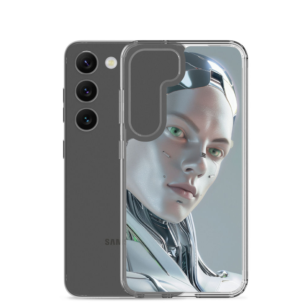 Cybernetic Elegance clear Samsung case with silver and graphite android artwork on a slim phone cover