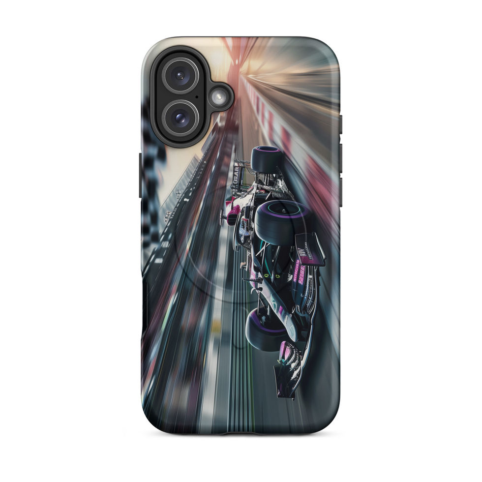 Midnight Velocity MagSafe Tough case for iPhone 16 Plus, race car and night lights, rear view on white
