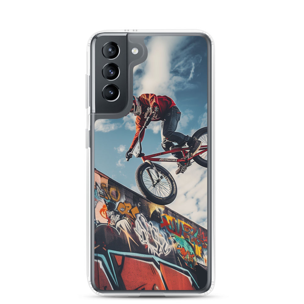 Graffiti Air Clear case for Galaxy S21, BMX rider above graffiti ramp, rear view on white
