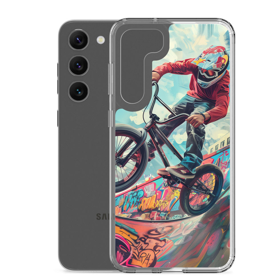 Urban Thrill Clear case for Galaxy S23 Plus, BMX rider above graffiti ramp, phone beside printed case on white