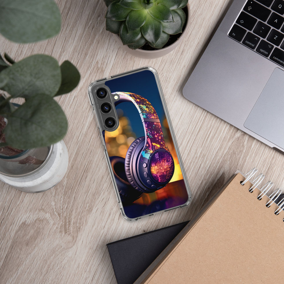 Electric Pulse clear Samsung case showing colourful over-ear headphones on a dark warm-lit scene, gallery image 45 of 50