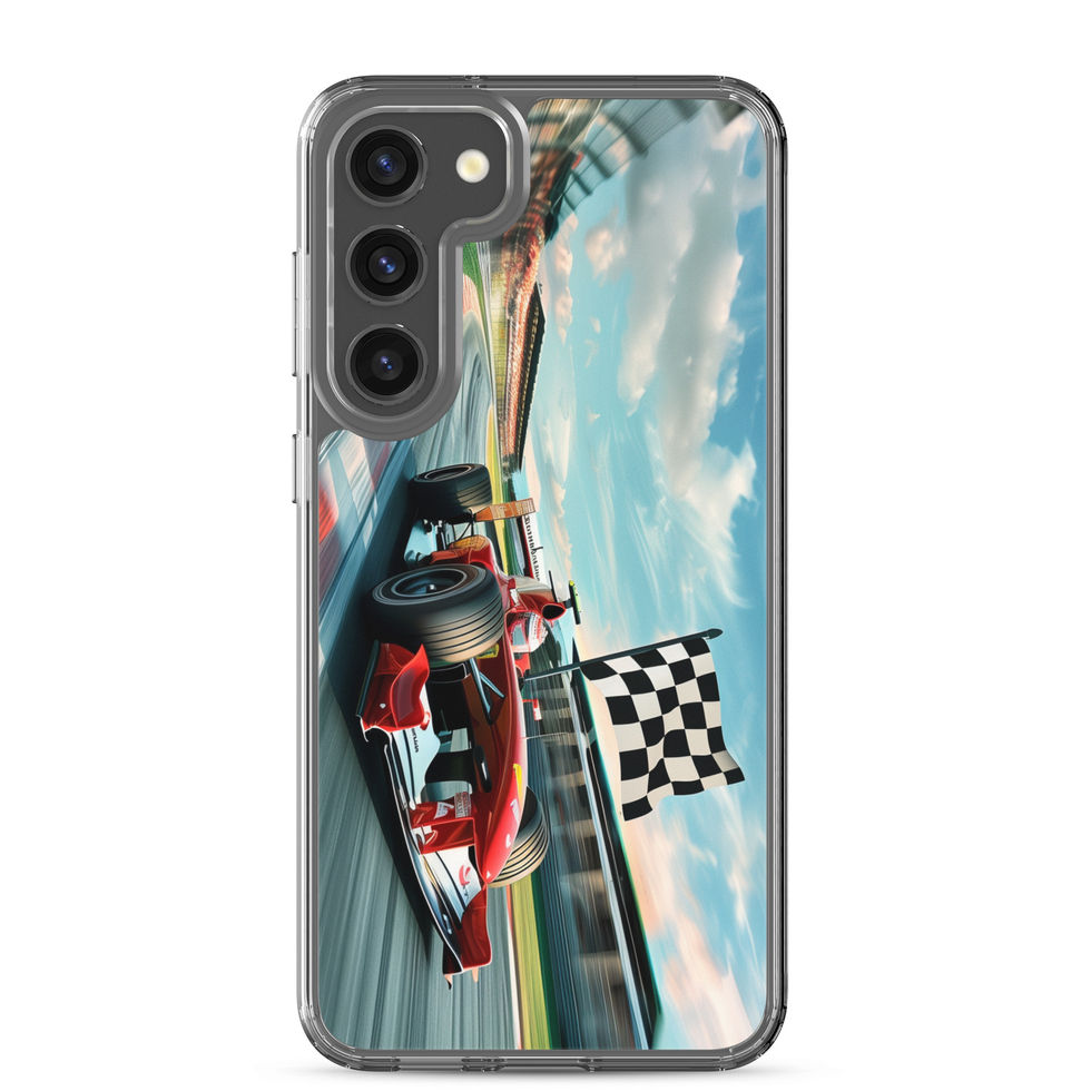 Champion's Glory Clear case for Galaxy S23 Plus, red race car and chequered flag, rear view on white