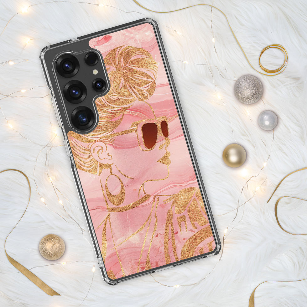 Samsung clear case with Golden Luxe pink botanical print, fine gold swirls and jewelry-like props.