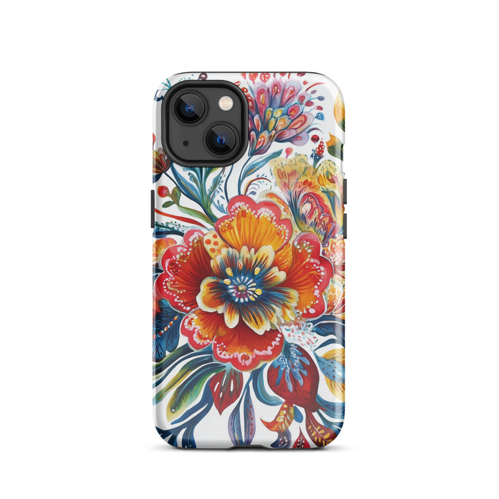 Sunfire Bloom tough floral phone case for iPhone 13 Pro, rear view showing the radiant warm flowers and blue accents