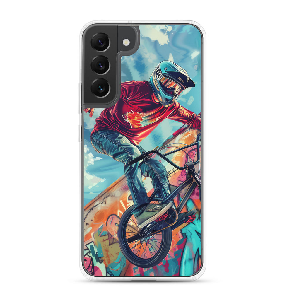 Graffiti Ride Clear case for Galaxy S22 Plus, red-top BMX rider and vivid graffiti, rear view on white