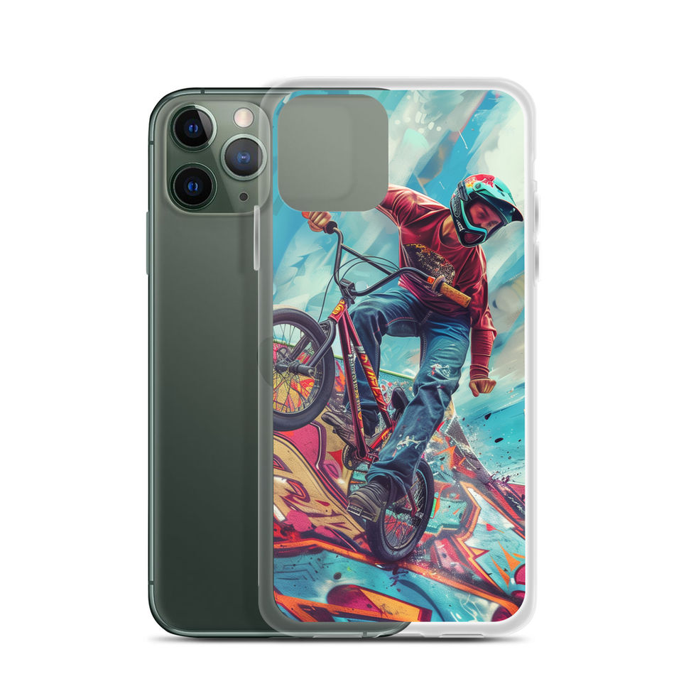 Ramp Rebel Clear case for iPhone 11 Pro, red-jacketed BMX rider and graffiti, phone beside case on white