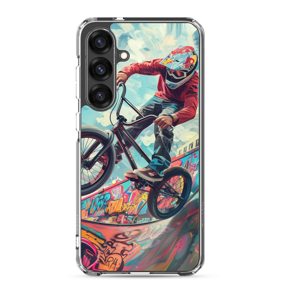 Urban Thrill Clear case for Galaxy S25 Plus, BMX rider above graffiti ramp, rear view on white background