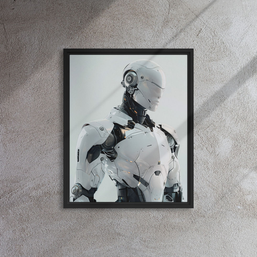 Future Sentinel framed canvas: side-facing robotic head with a curved silver faceplate