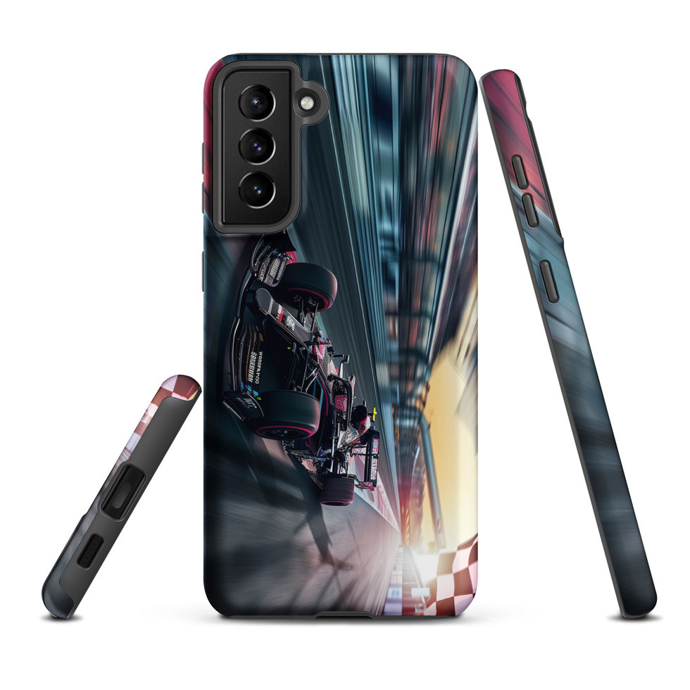 Final Lap Tough case for Galaxy S21 Plus, dark race car and blurred track artwork, rear and side views on white