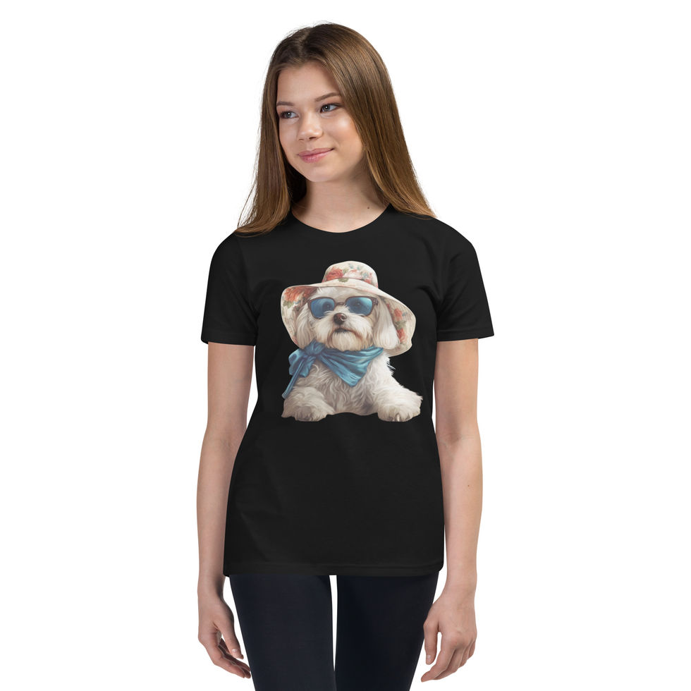 Stylish Maltese: black youth short-sleeve T-shirt with a puppy in a hat and sunglasses, worn by child