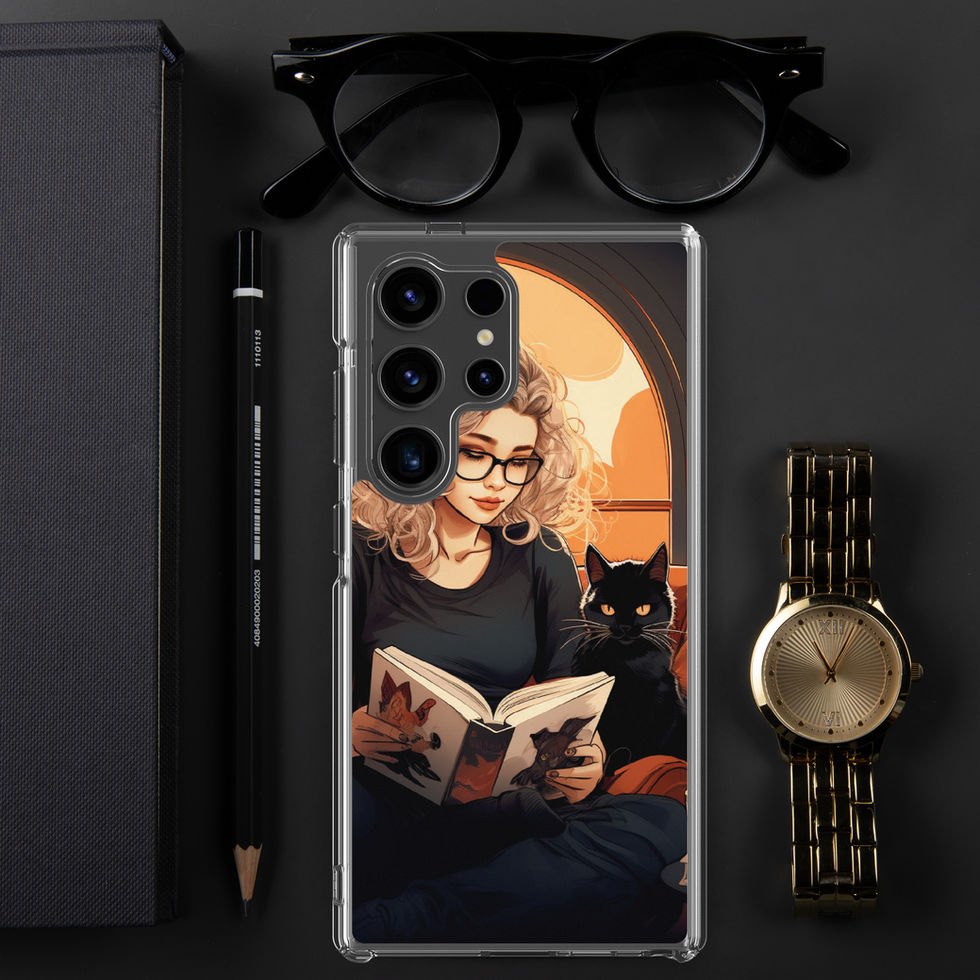 Printed back of Literary Haven Samsung clear case showing bright orange upper arch