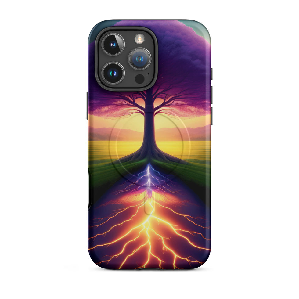 Ethereal Roots MagSafe iPhone case with pink and yellow horizon across the case back.