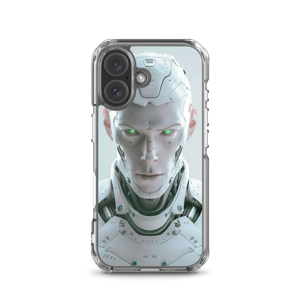 Futuristic robot face with intricate neck mechanics; full artwork view on an iPhone® Clear Case.