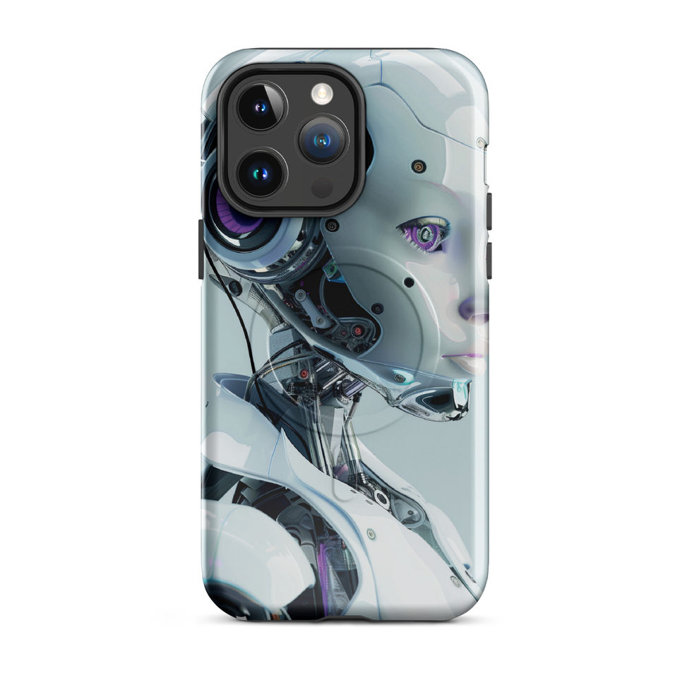 Synth Aurora cybernetic android iPhone case with glowing violet eye and detailed neck mechanics