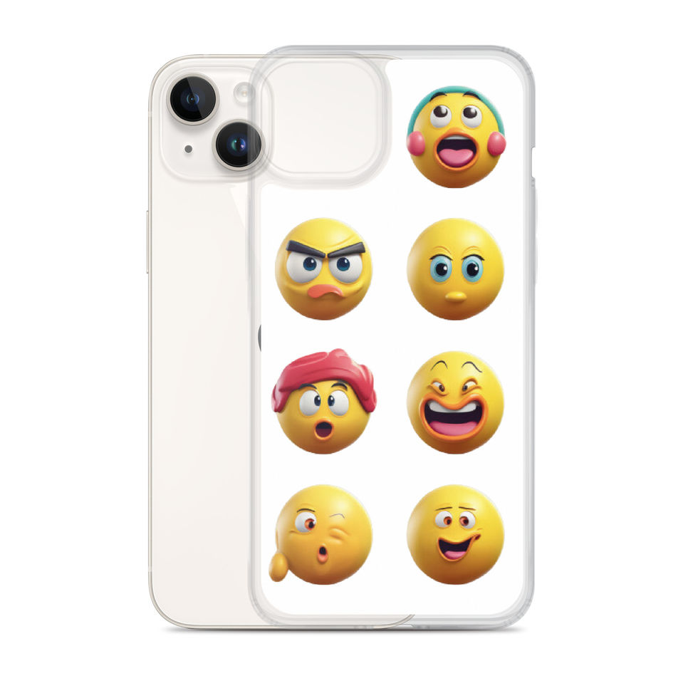 Emoji Frenzy clear iPhone case with yellow faces with red and blue accents.