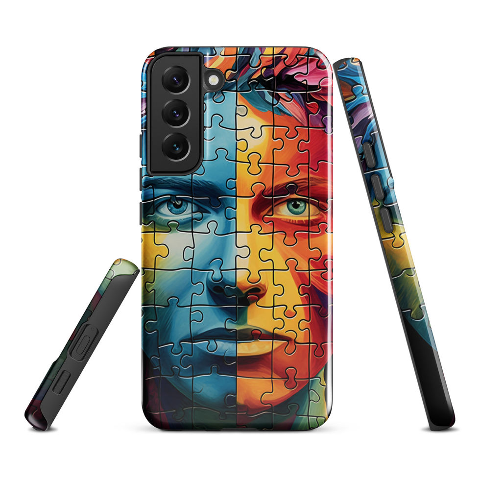 Duality Unraveled tough Samsung phone case with fire and frost portrait artwork, camera corner detail