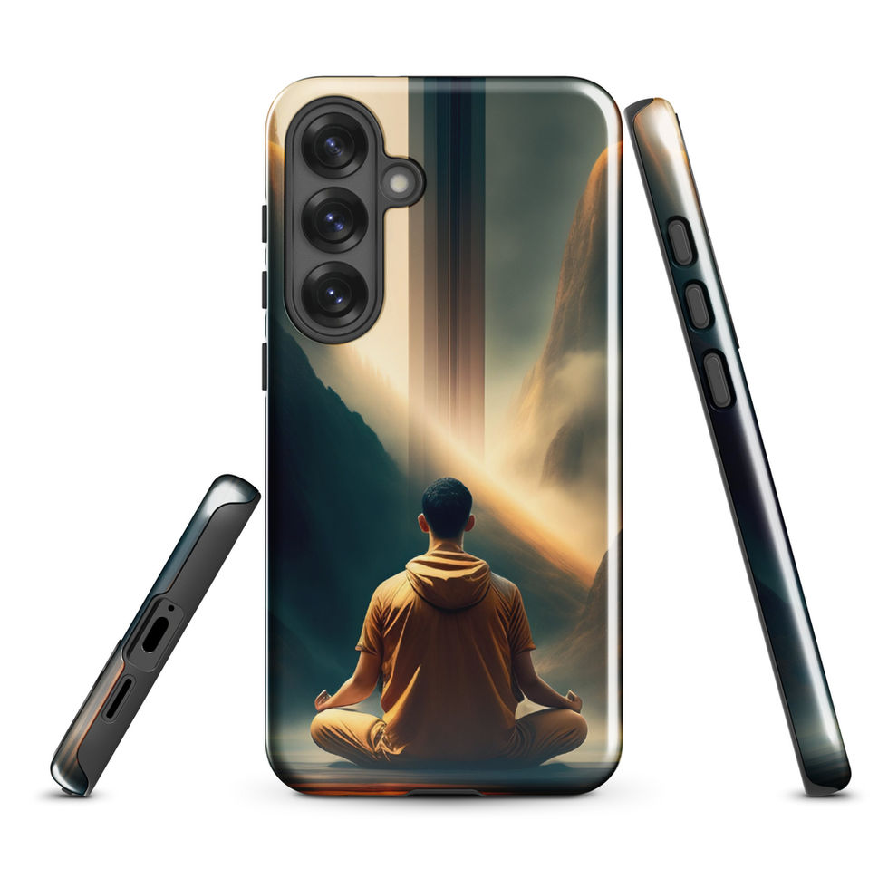 Zen Ascension Samsung tough case, back and side views; a golden sweep curving above the figure.