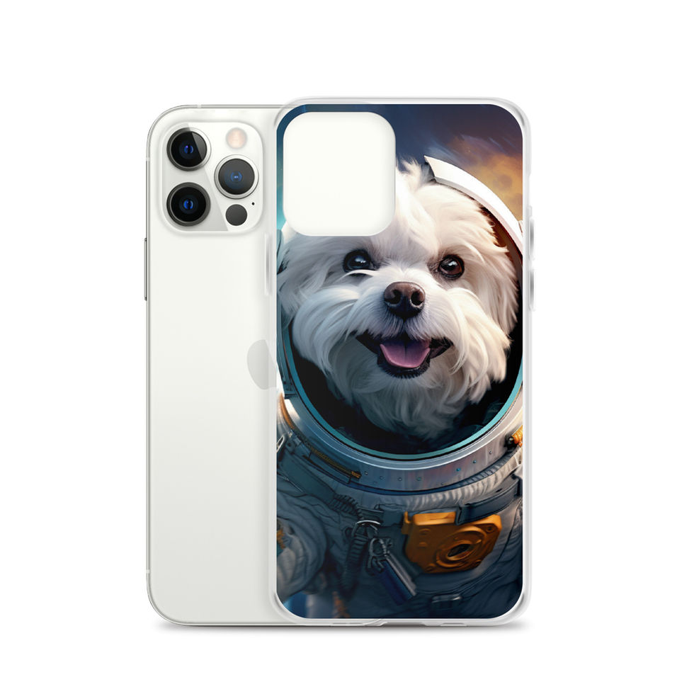 Cosmo Pup cosmic dog clear iPhone case โ left-angle profile in bright lifestyle scene