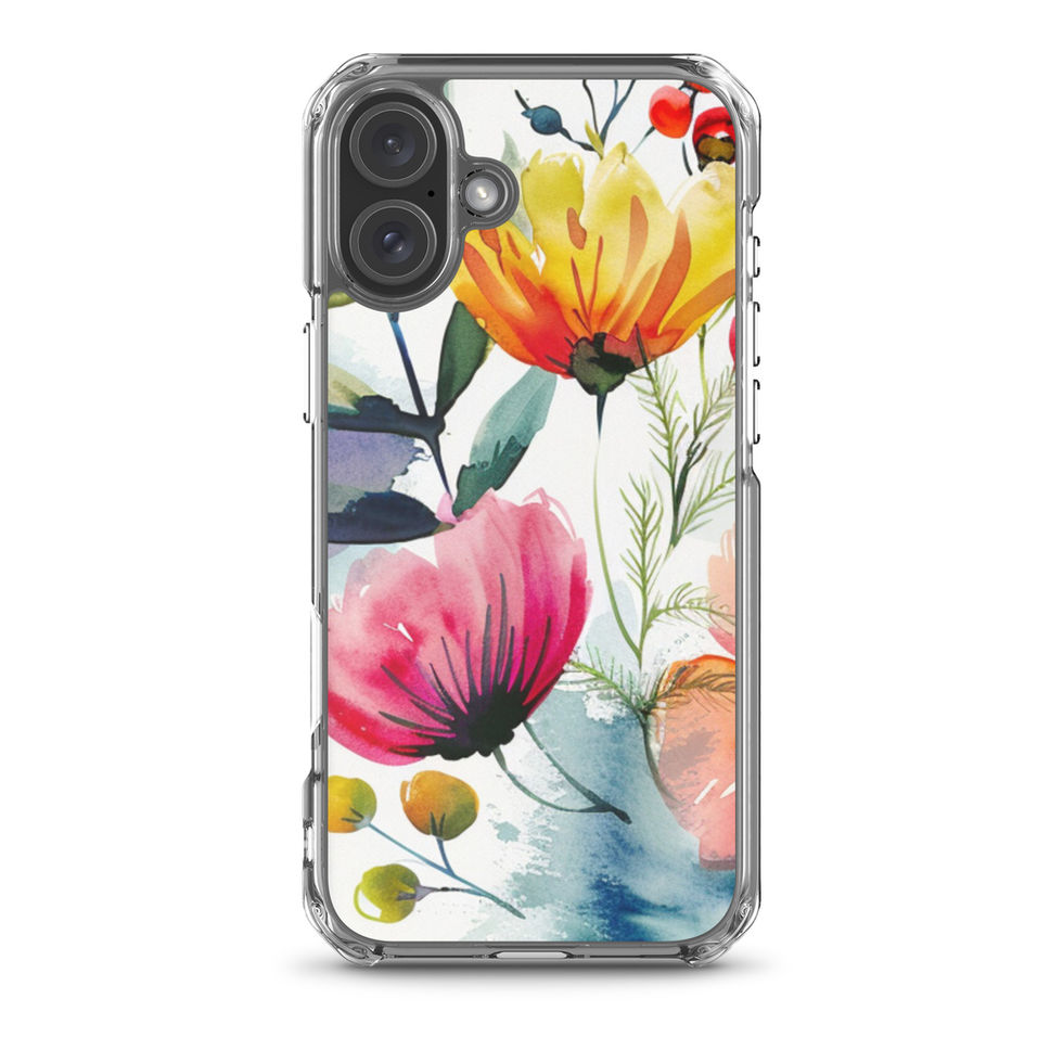 Crimson Meadow clear case for iPhone 14 Pro, angled edge and camera-cutout view with crimson, coral and blush flowers