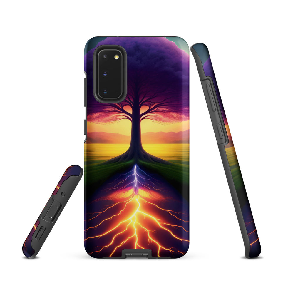 Ethereal Roots tough Samsung case with branching tree silhouette against a pink sunset.