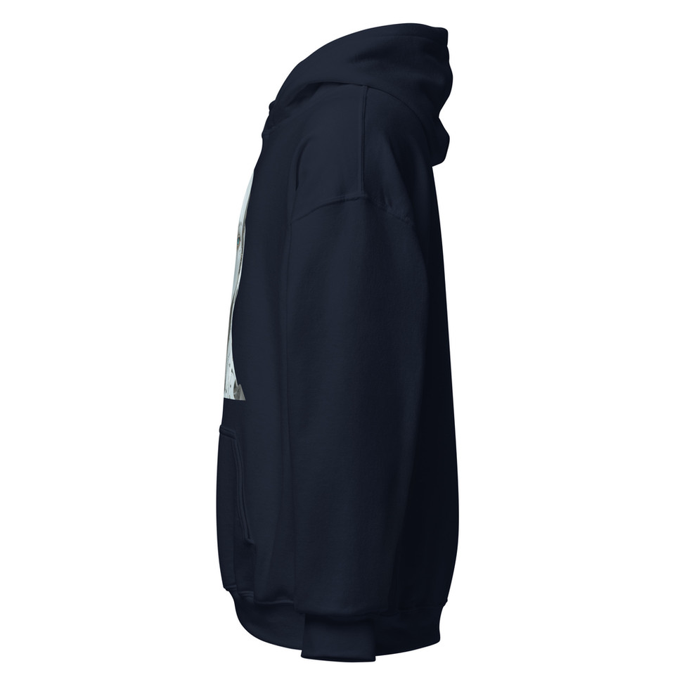 Ethereal Mechanica: navy blue unisex hoodie showing left sleeve and side