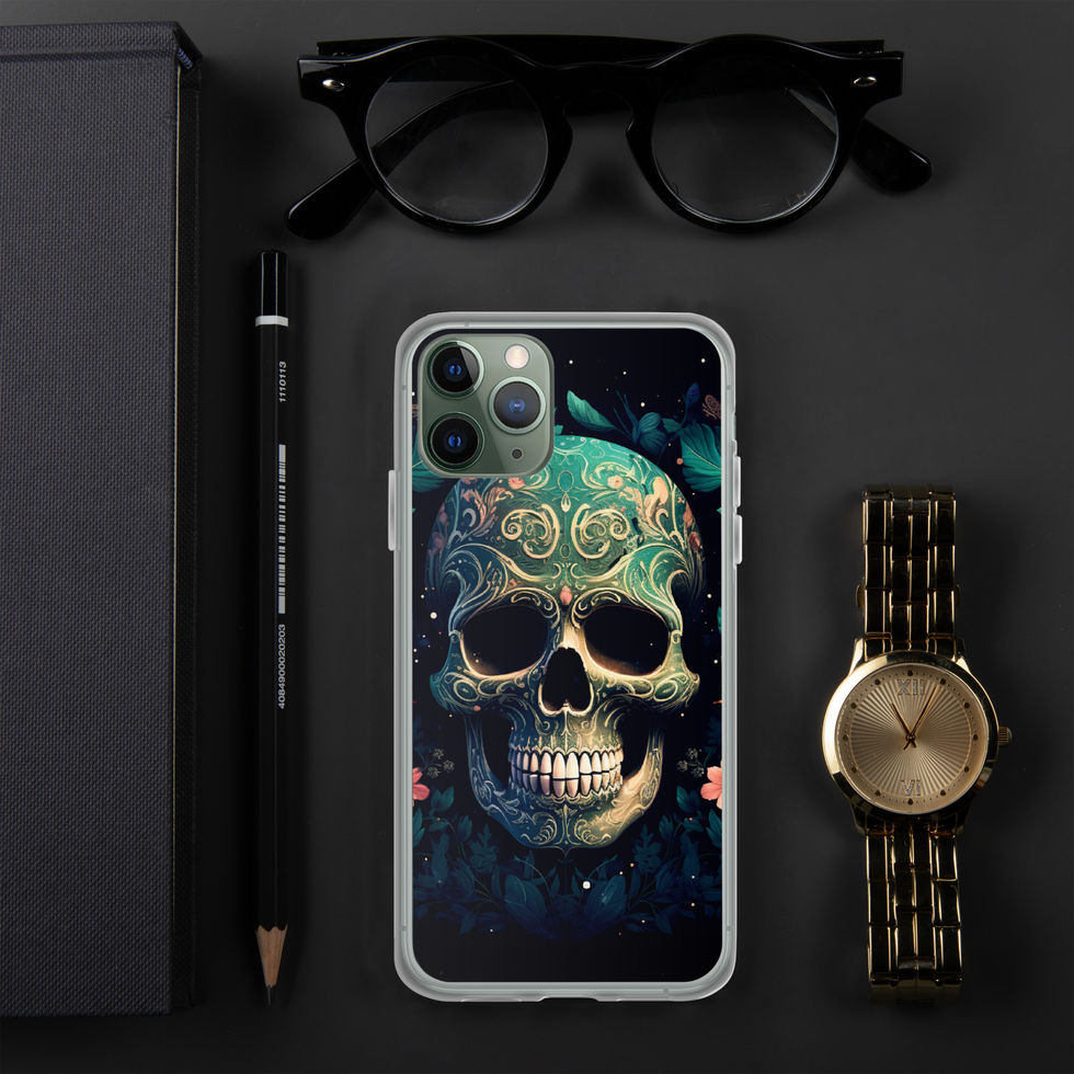 Emerald Requiem clear iPhone case showing a decorative skull print with gold and emerald accents