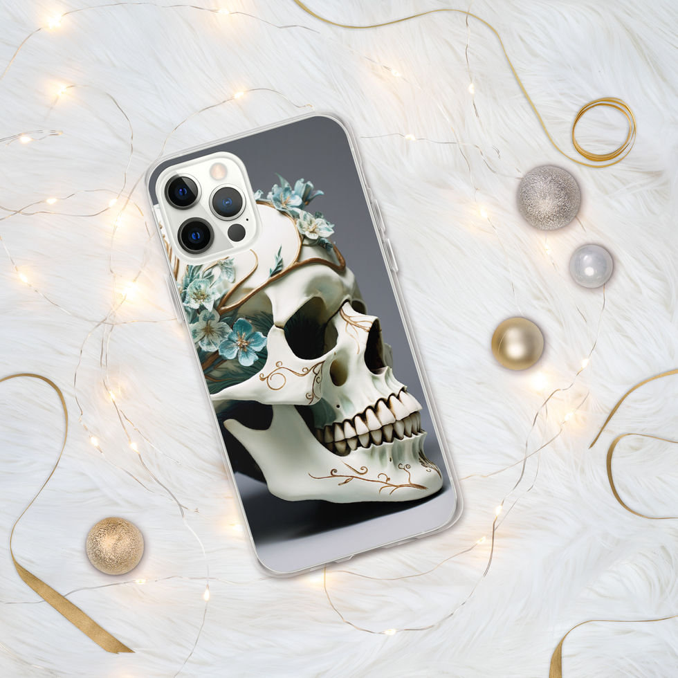 Bone-white skull on a clear iPhone case and a teal flower by the skull